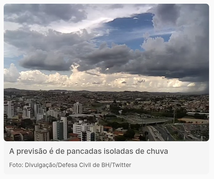 BH pode ter pancadas de chuva com raios neste domingo dia (14). Veja a previsão.