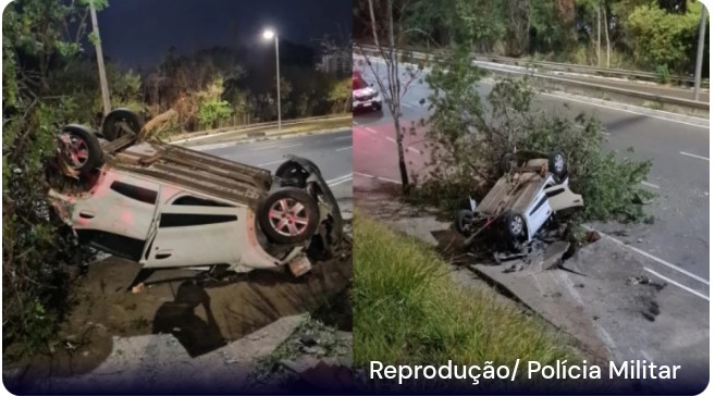 Motorista surta, joga carro do viaduto e fere 2 na grande BH.